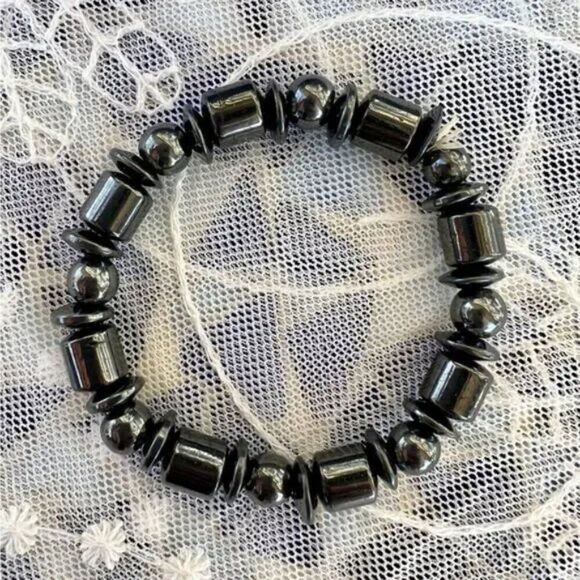 Vintage Hematite Magnetite Magnetic Stone Stretch Bracelet Heavy - Picture 2 of 7